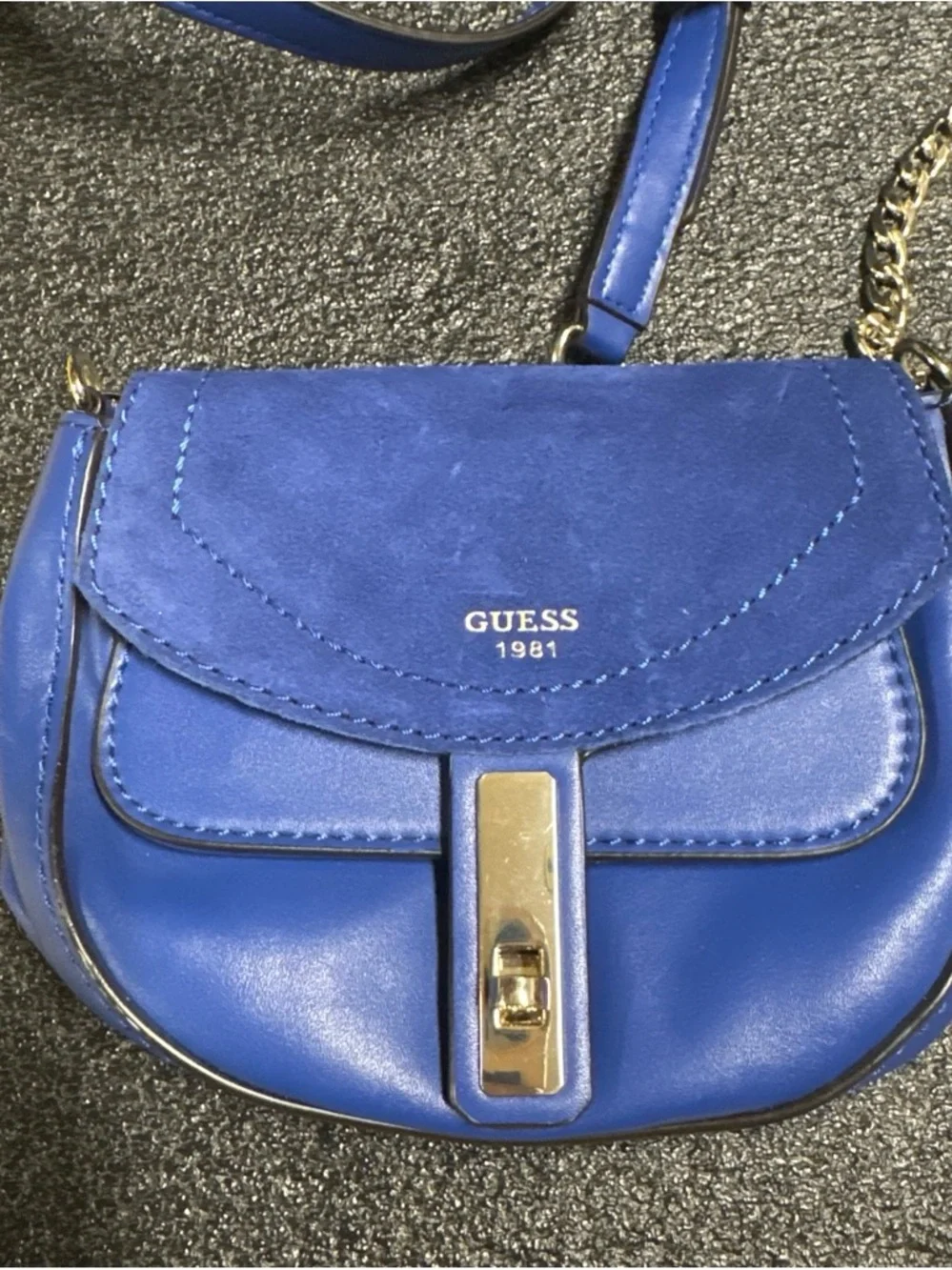 GUESS Blue Leather & Suede Crossbody Saddle Bag